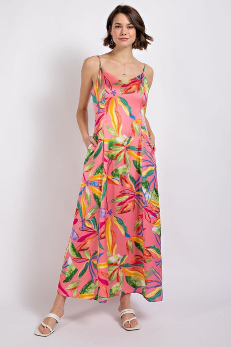 Rose Tropical Print Maxi Dress