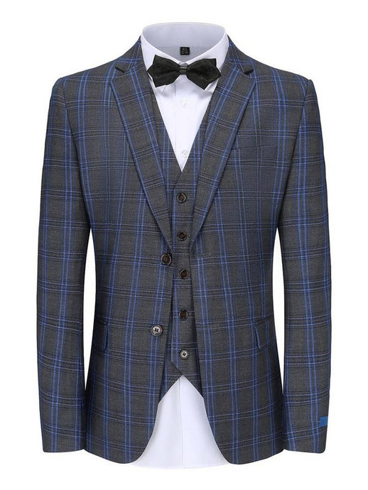 Charcoal Men's Slim-Fit 3pc Blue Check Plaid Suit - Regular