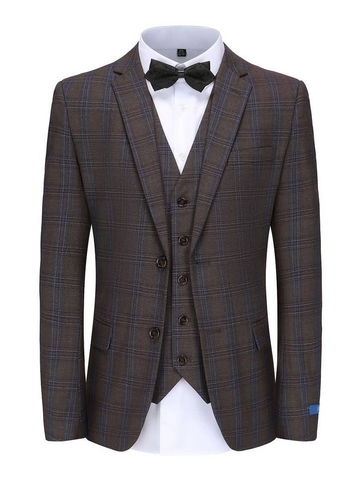 Brown Men's Slim-Fit 3pc Blue Check Plaid Suit - Regular