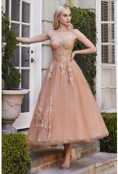 Rose Gold Strapless Tulle Tea Length Dress