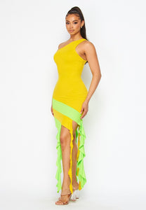Yellow/Lime Long fringed off-shoulder Dress