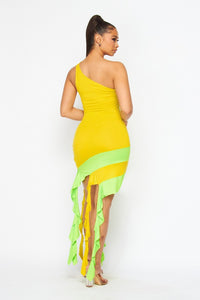 Yellow/Lime Long fringed off-shoulder Dress