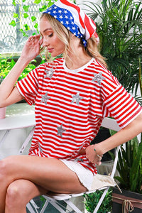 Red Short Sleeve Sequin Star Detail Stripe Top