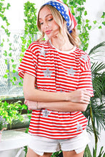 Red Short Sleeve Sequin Star Detail Stripe Top