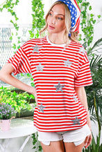 Red Short Sleeve Sequin Star Detail Stripe Top