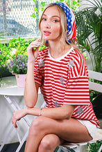 Red Short Sleeve Sequin Star Detail Stripe Top