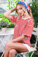 Red Short Sleeve Sequin Star Detail Stripe Top