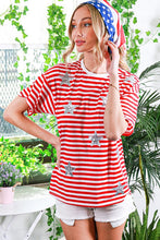 Red Short Sleeve Sequin Star Detail Stripe Top
