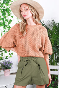 Taupe Round Neck 3/4 Sleeve Knitted Crochet Top