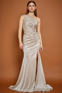 Champagne One Shoulder Ruched Side Sheath Dress