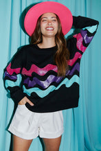 Black Sweatshirt Top With Tri-Color Wave