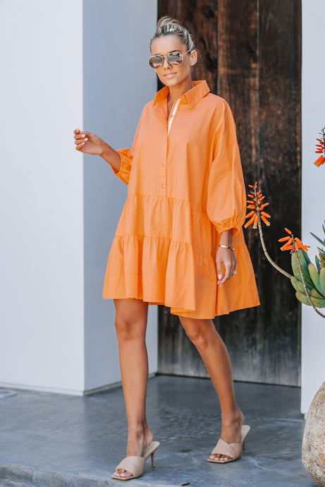 Orange Puff Sleeves Oversized Mini Dress With Pockets