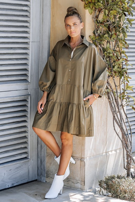 Olive Martini Puff Sleeves Oversized Mini Dress With Pockets