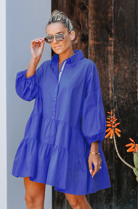 Favorite Blue Puff Sleeves Oversized Mini Dress With Pockets