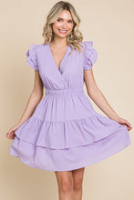 Lavender Ruffled Waistband V Neck Tiered Wrap Dress