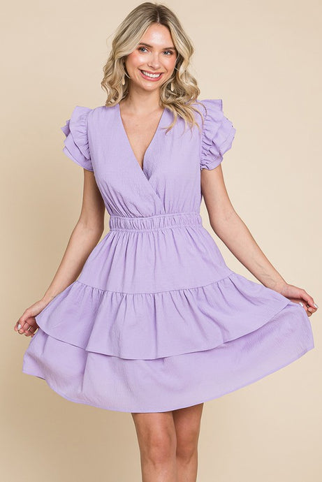Lavender Ruffled Waistband V Neck Tiered Wrap Dress