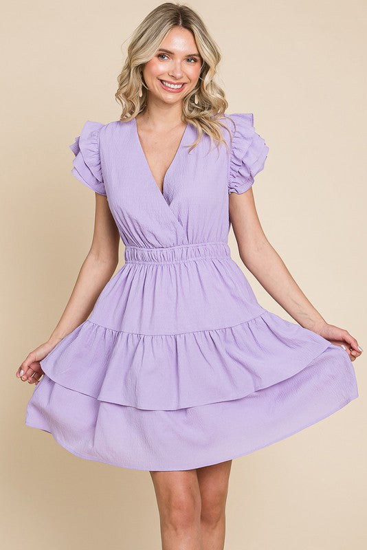 Lavender Ruffled Waistband V Neck Tiered Wrap Dress