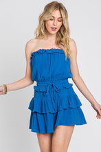 Blue Gauze Strapless Ruffle Detail Flounce Romper Dress