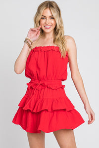 Red Gauze Strapless Ruffle Detail Flounce Romper Dress
