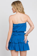 Blue Gauze Strapless Ruffle Detail Flounce Romper Dress