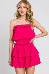 Fuchsia Gauze Strapless Ruffle Detail Flounce Romper Dress