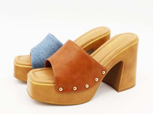 Denim Blue Bamboo Chunky Platform Heel Studded Slide Sandals