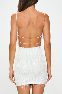 White Fringe Sequin Bar Back Mini Dress