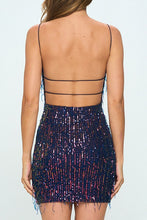 Navy Multi Fringe Sequin Bar Back Mini Dress