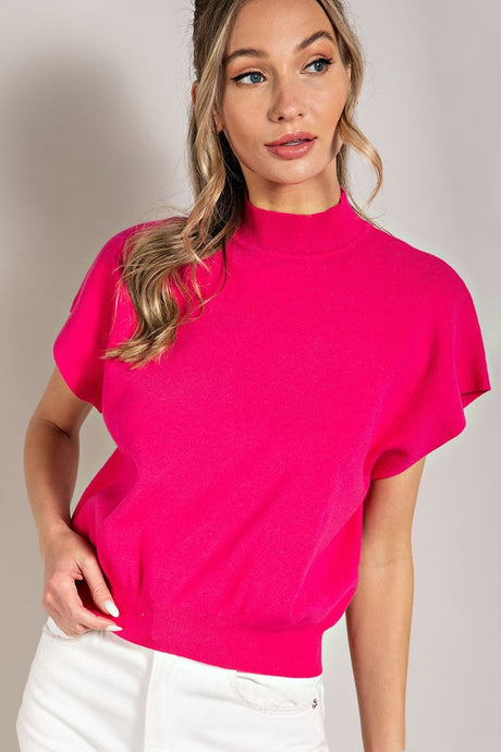 Hot Pink Apricot Mock Neck Short Sleeve Top