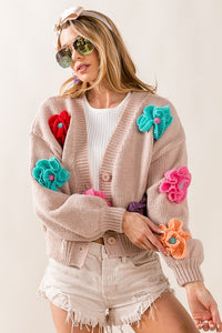 Oatmeal Floral V-Neck Sweater Cardigan