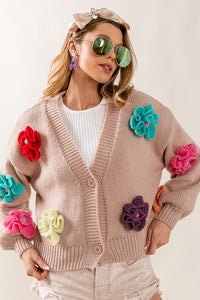 Oatmeal Floral V-Neck Sweater Cardigan