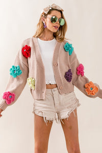 Oatmeal Floral V-Neck Sweater Cardigan