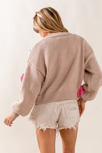 Oatmeal Floral V-Neck Sweater Cardigan