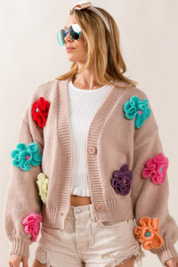 Oatmeal Floral V-Neck Sweater Cardigan