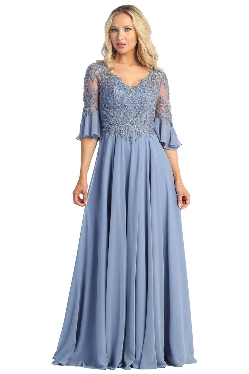 Slate Blue Sleeved V Neck Lace Top A Line Dress – Aquarius Brand