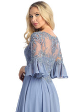 Slate Blue Sleeved V Neck Lace Top A Line Dress