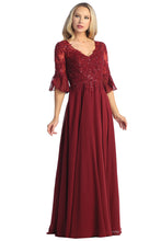 Burgundy Sleeved V Neck Lace Top A Line Dress