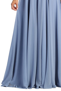 Slate Blue Sleeved V Neck Lace Top A Line Dress