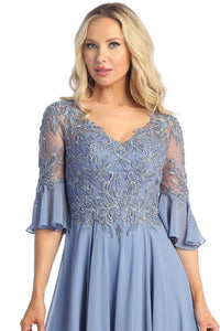 Slate Blue Sleeved V Neck Lace Top A Line Dress