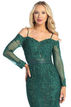 Green Long Sleeve Embroidery Glitter Trumpet Dress