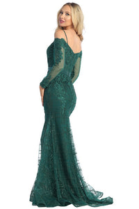Green Long Sleeve Embroidery Glitter Trumpet Dress