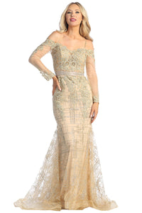 Champagne Long Sleeve Embroidery Glitter Trumpet Dress