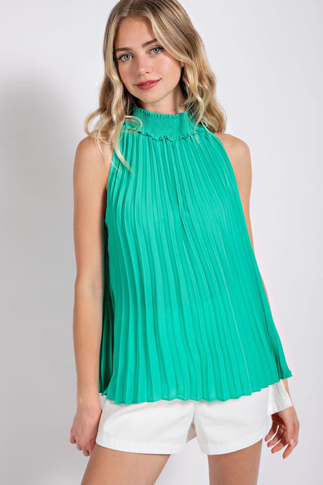 Dark Mint Pleated Halter Top with Back Keyhole