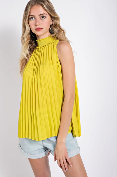 Golden Kiwi Pleated Halter Top with Back Keyhole