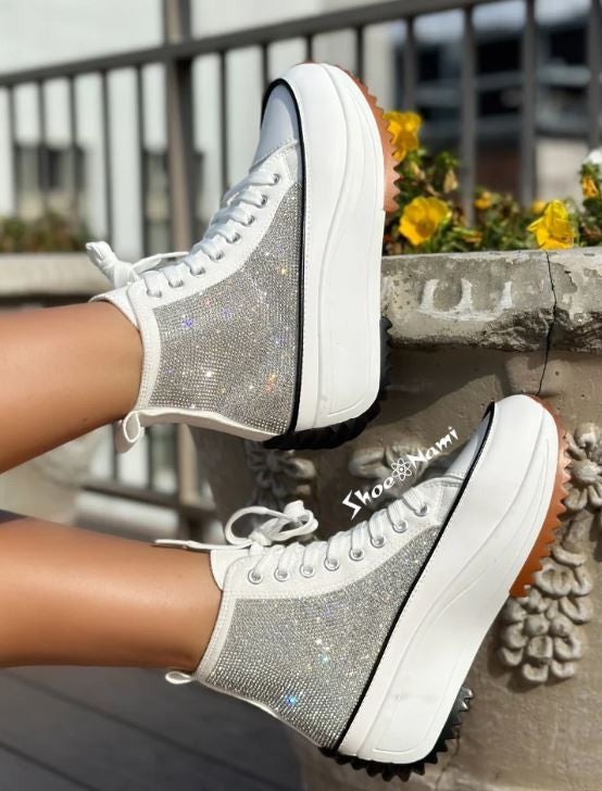 White Fashion Shiny Height Increasing Sneakers