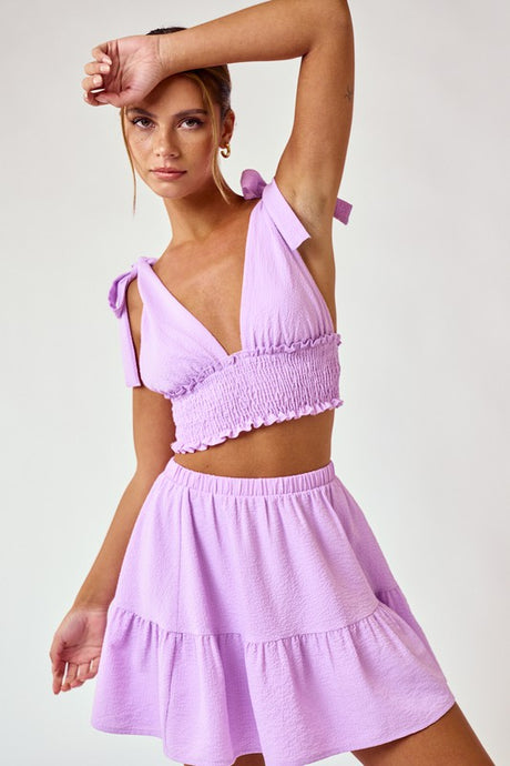 Lavender Shoulder Tie Smocked Top And Flowy Mini Skirt Set