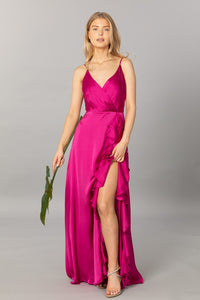 Fuchsia Green Satin V Neck Cascading Ruffle Maxi Dress