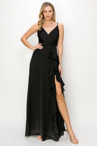 Black Satin V Neck Cascading Ruffle Maxi Dress