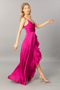 Fuchsia Green Satin V Neck Cascading Ruffle Maxi Dress