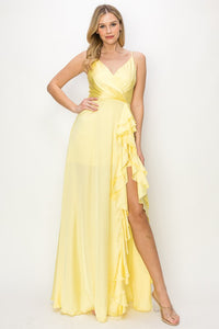 Yellow Satin V Neck Cascading Ruffle Maxi Dress